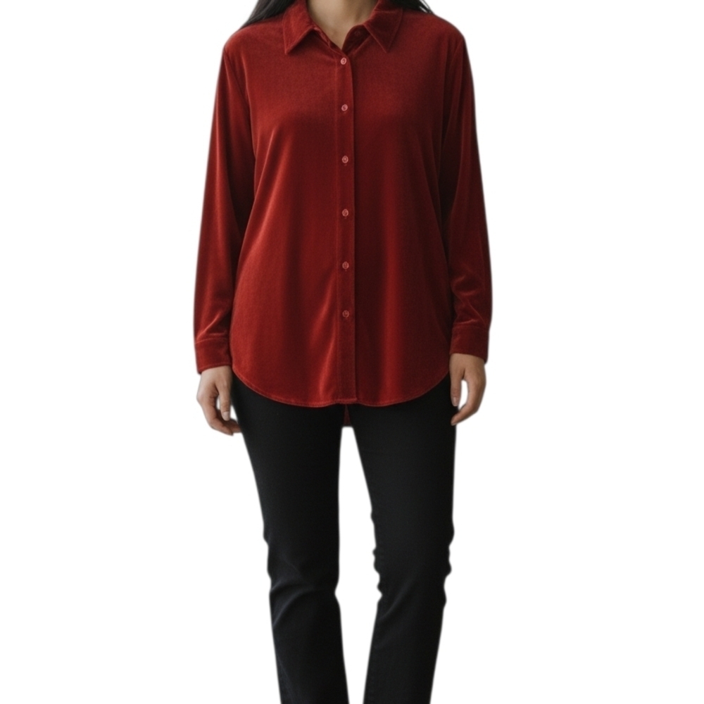 Soft Surroundings Red Velour Button Front Blouse Quiet Luxury Holiday Shirt Sz M